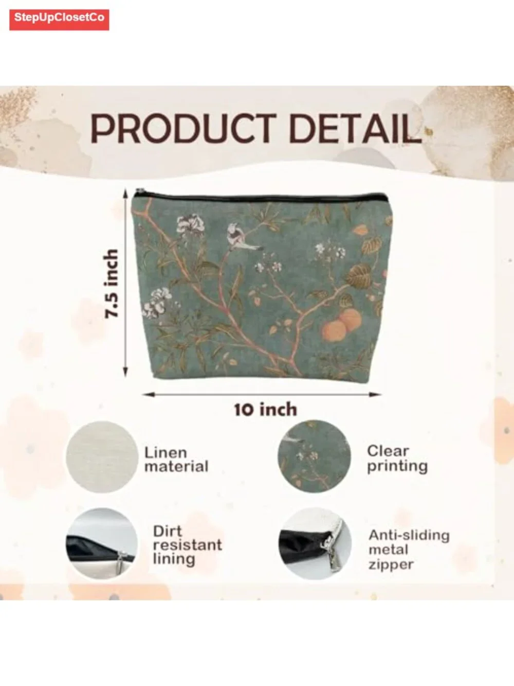 Linen Zipper Pouch Makeup Cosmetic Bag, Waterproof Canvas Lined Travel